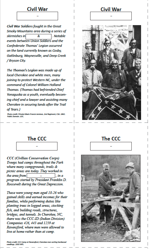 Sample timeline hang-tag cards for the Civil War and the Civilian Conservation Corps (CCC), each pairing a short description and blank date boxes with a historical photograph.