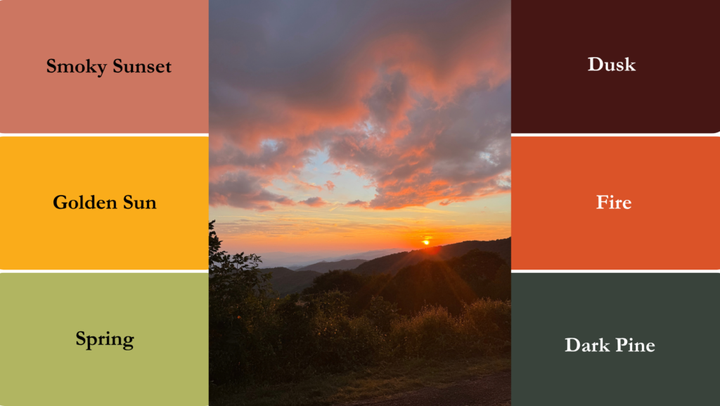 identifying six colors created for lessons around the fire branding including smoky sunset, golden sun, spring, dusk, fire, and dark pine