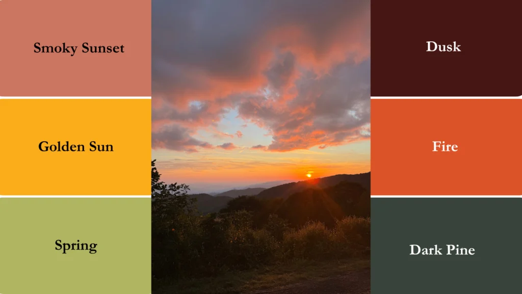 identifying six colors created for lessons around the fire branding including smoky sunset, golden sun, spring, dusk, fire, and dark pine